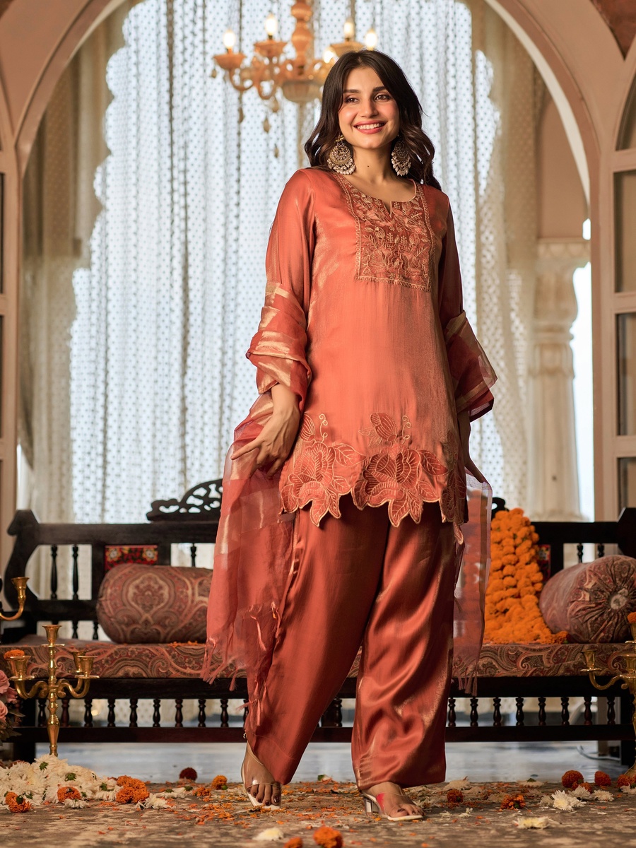 Rust Orange Floral Embroidered Tissue Satin 3-Piece Set
