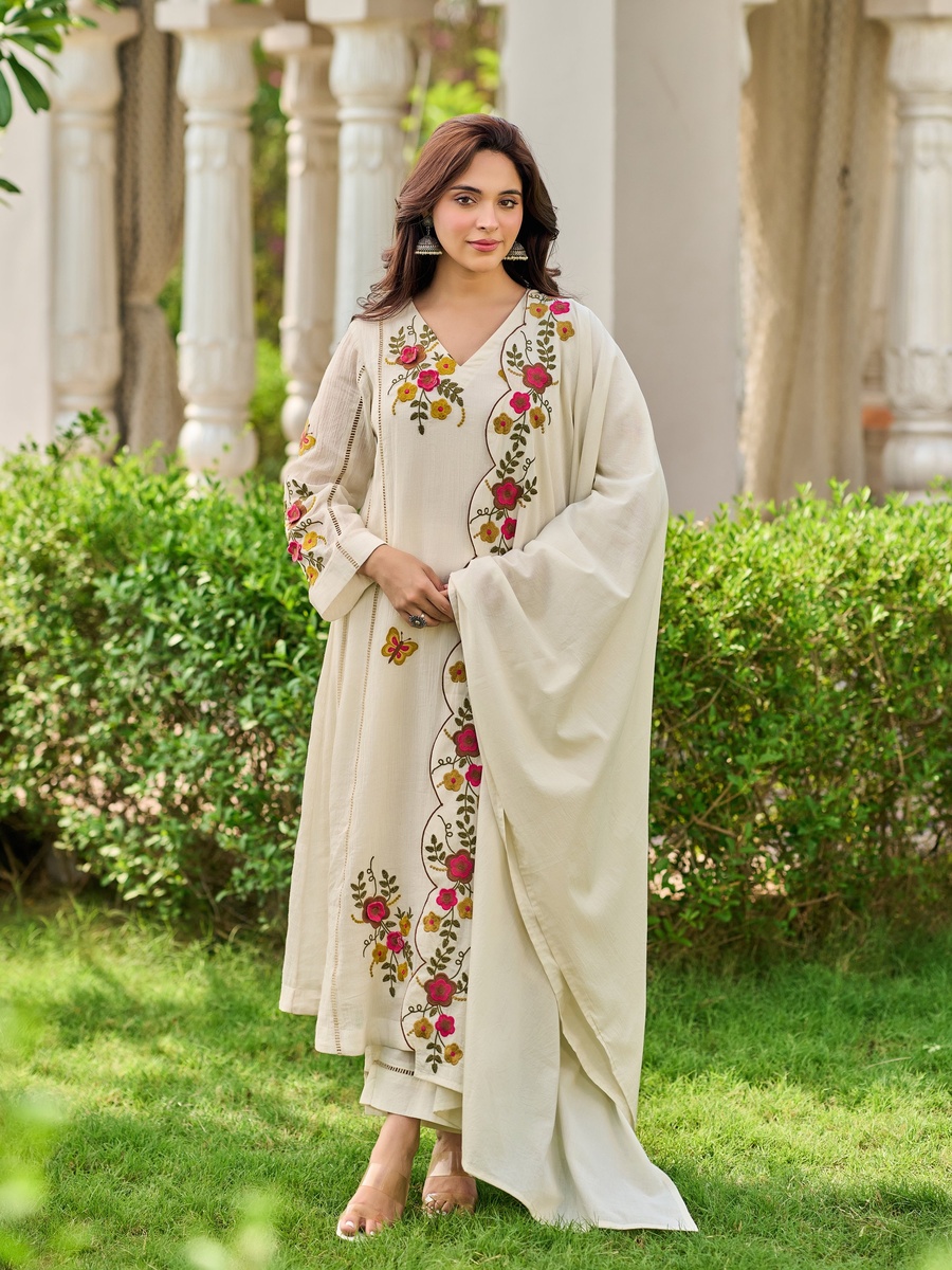 Crush Cotton Floral Embroidered Anarkali Kurta Pant Dupatta Set 