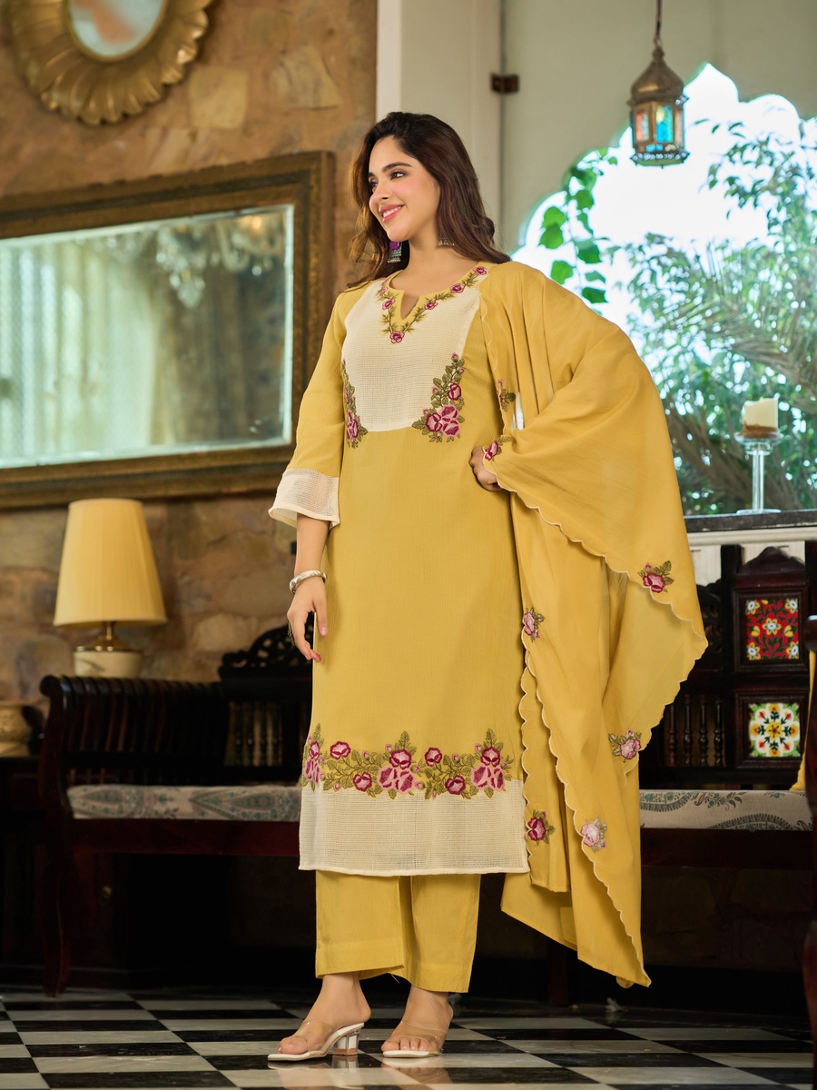Yellow Embroidered Cotton Crush 3-Piece Set