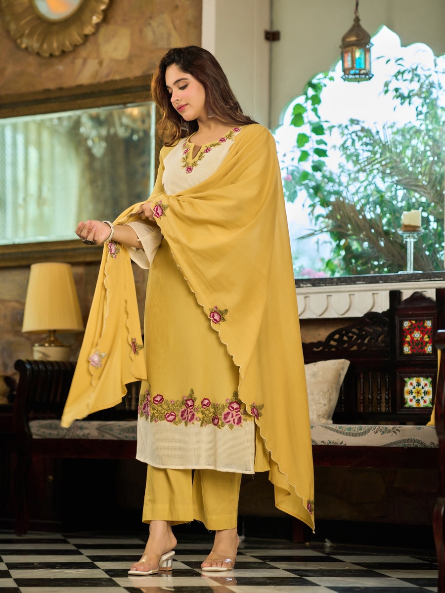 Yellow Embroidered Cotton Crush 3-Piece Set