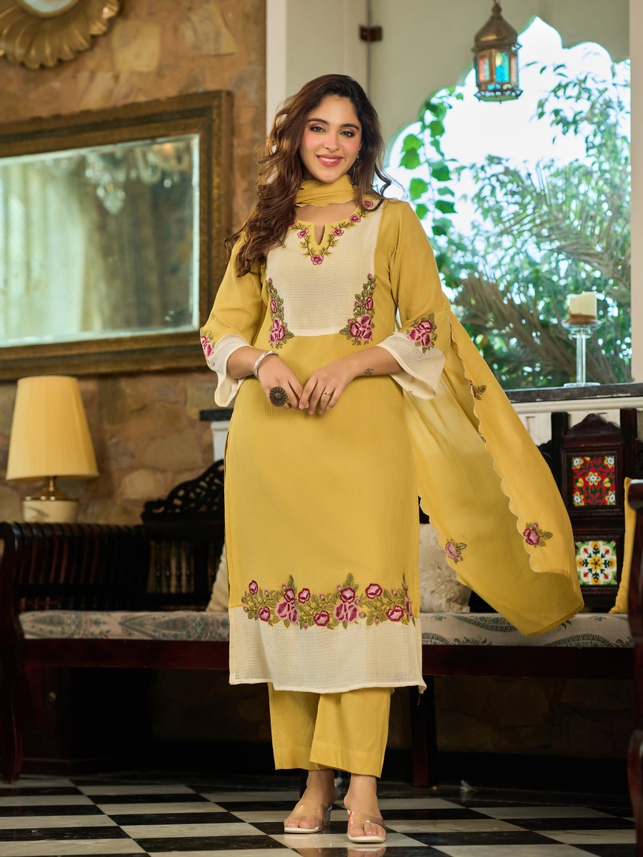 Yellow Embroidered Cotton Crush 3-Piece Set