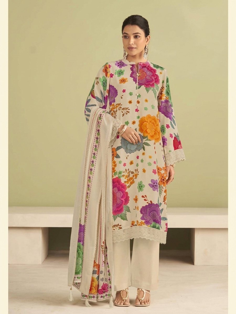 Mul Chanderi Printed Off-White 3-Piece Kurta Set