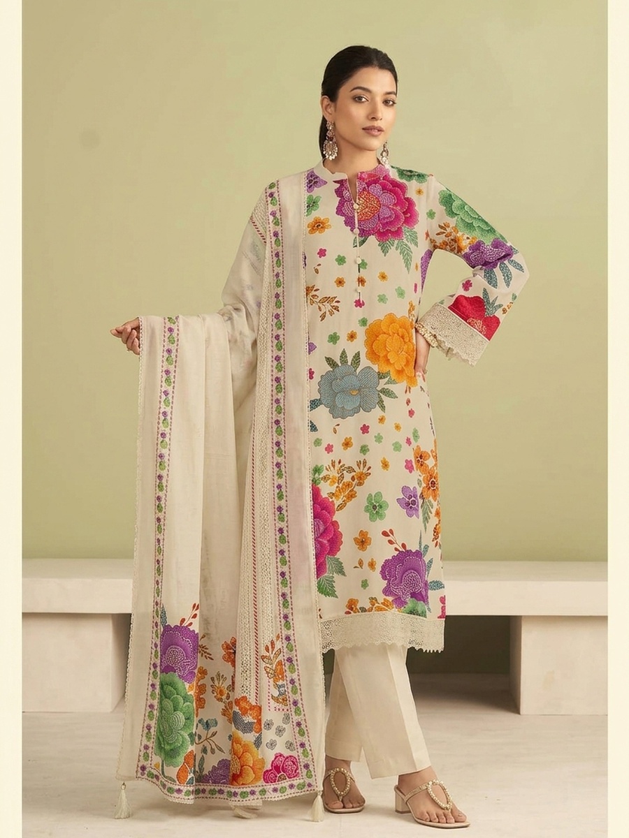 Mul Chanderi Printed Off-White 3-Piece Kurta Set