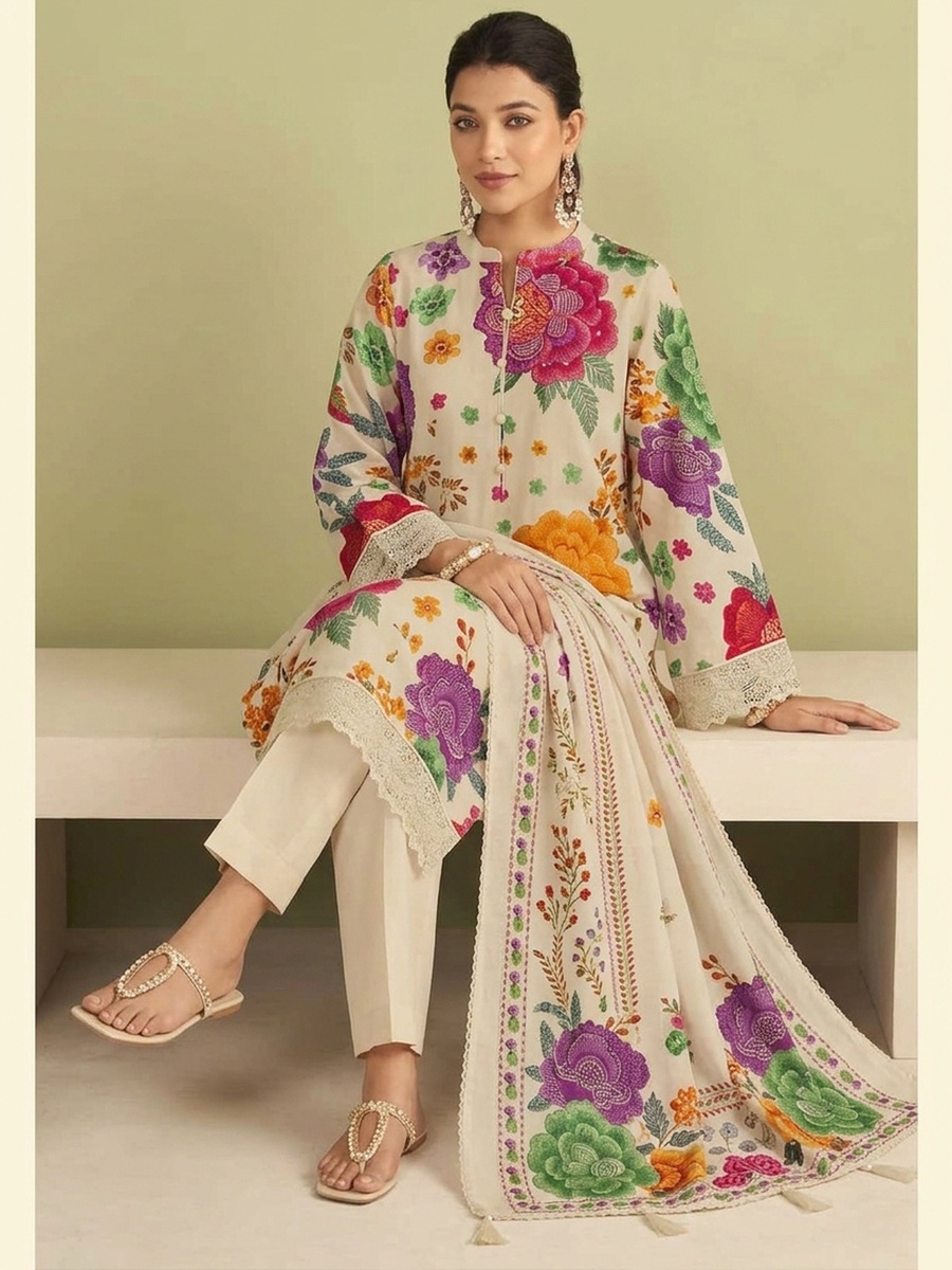 Mul Chanderi Printed Off-White 3-Piece Kurta Set