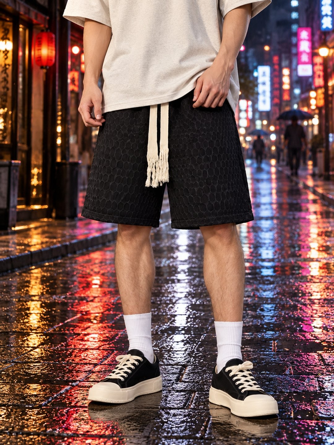 Black Self Design Regular Shorts