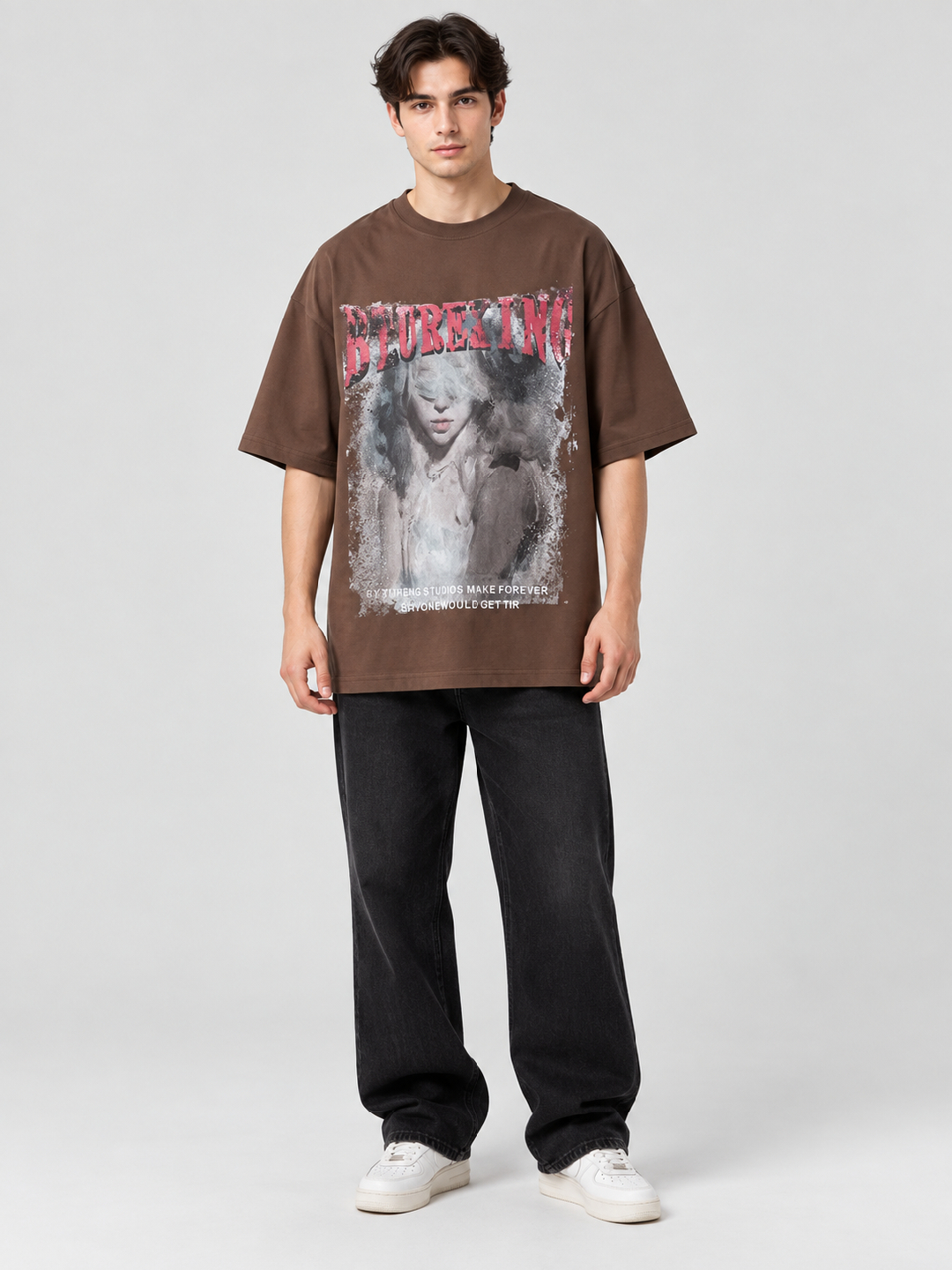 Brown Graphic Round Neck Oversized T-Shirt