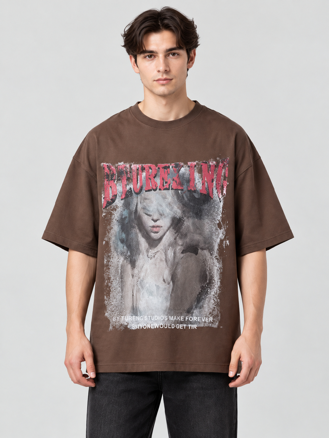Brown Graphic Round Neck Oversized T-Shirt