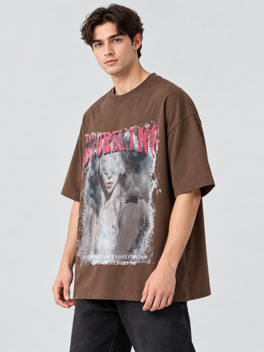 Brown Graphic Round Neck Oversized T-Shirt