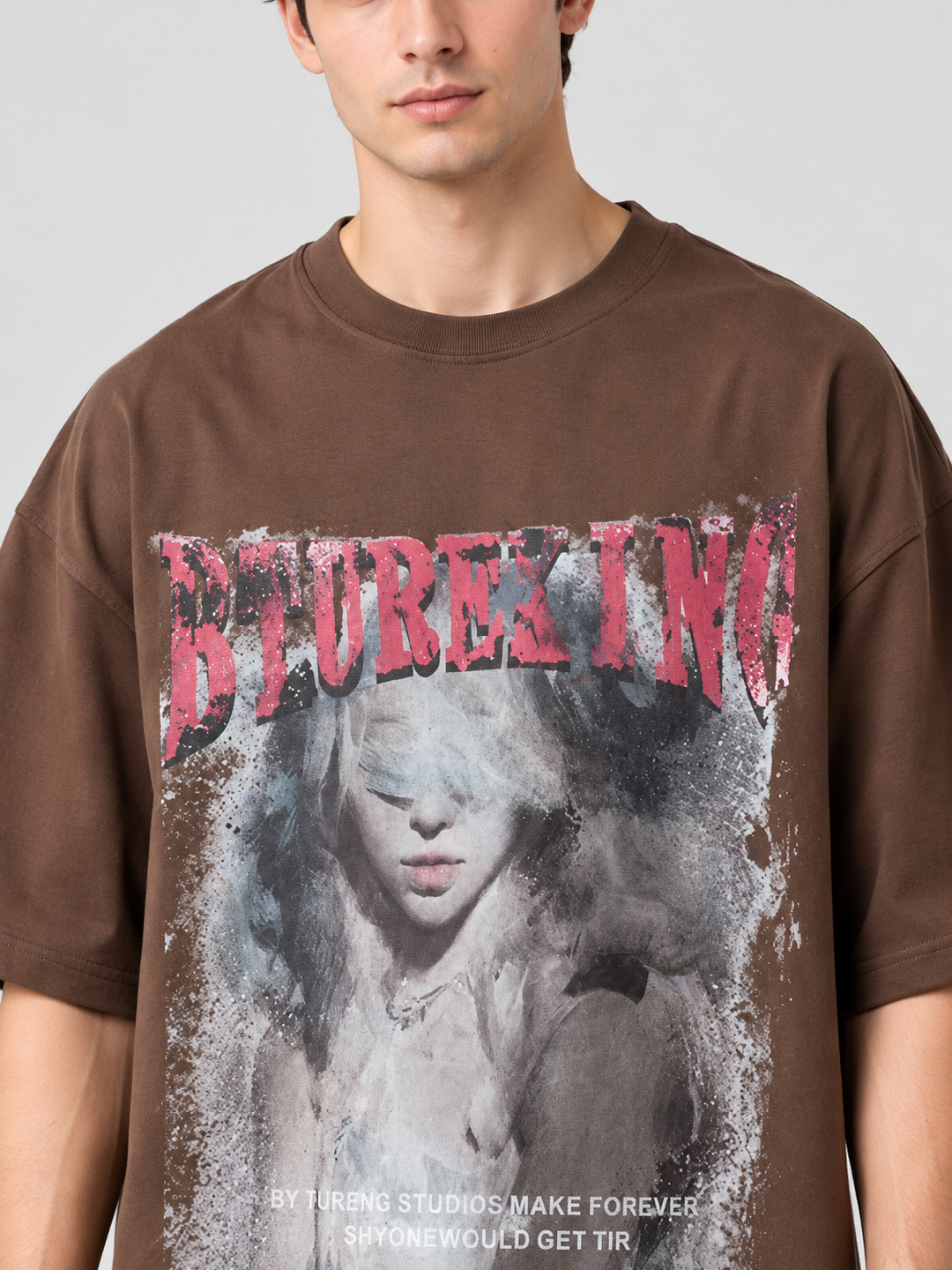 Brown Graphic Round Neck Oversized T-Shirt
