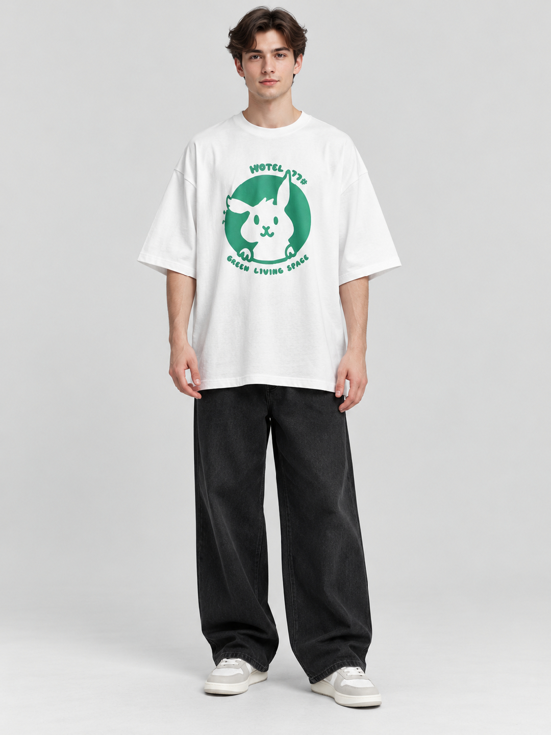 White Printed Round Neck Oversized T-Shirt