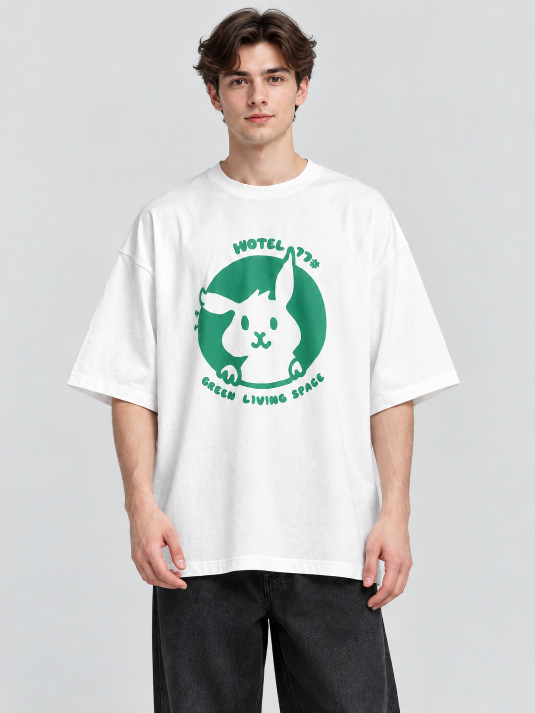 White Printed Round Neck Oversized T-Shirt