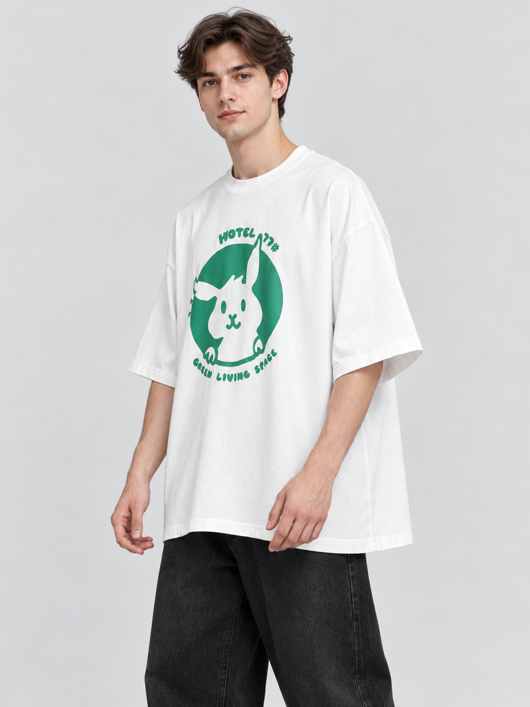 White Printed Round Neck Oversized T-Shirt