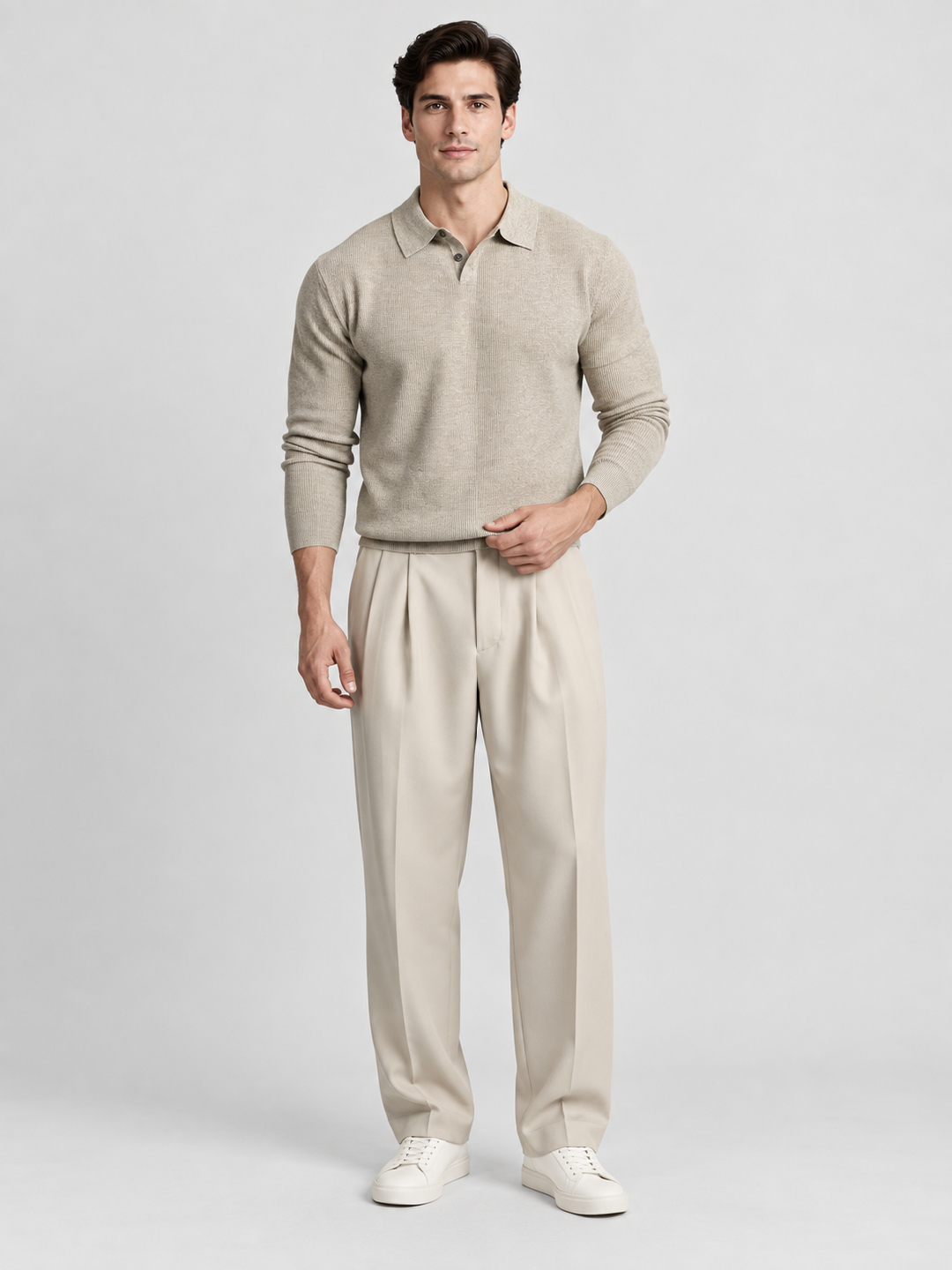 Beige Solid Polo Neck Relaxed T-Shirt
