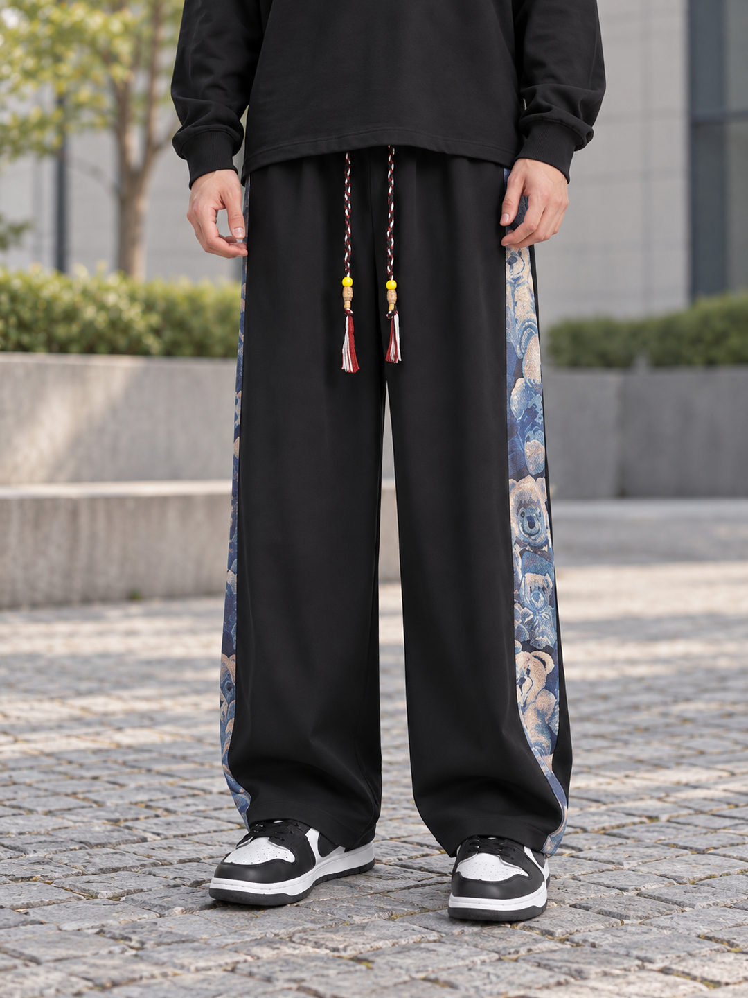 Black Self Design Straight Fit Korean Pant