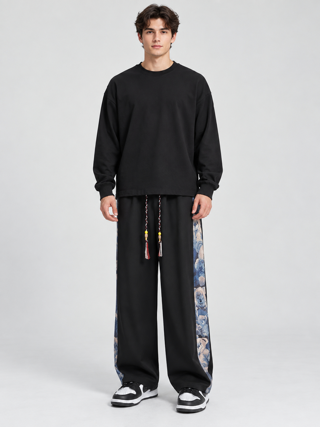 Black Self Design Straight Fit Korean Pant