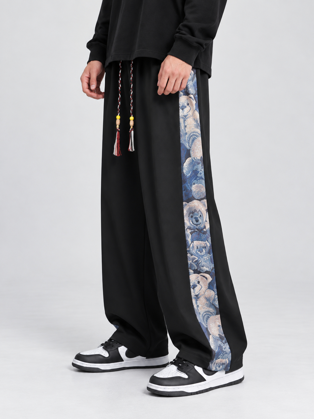 Black Self Design Straight Fit Korean Pant