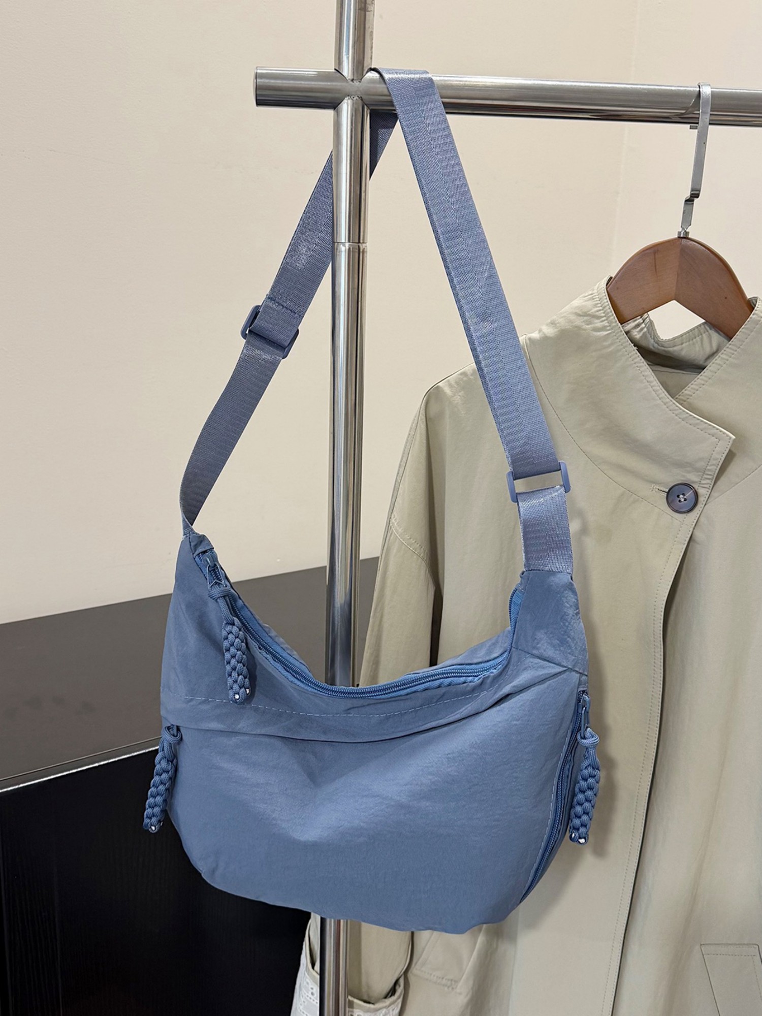 Blue Solid Shoulder Bag with Zip
