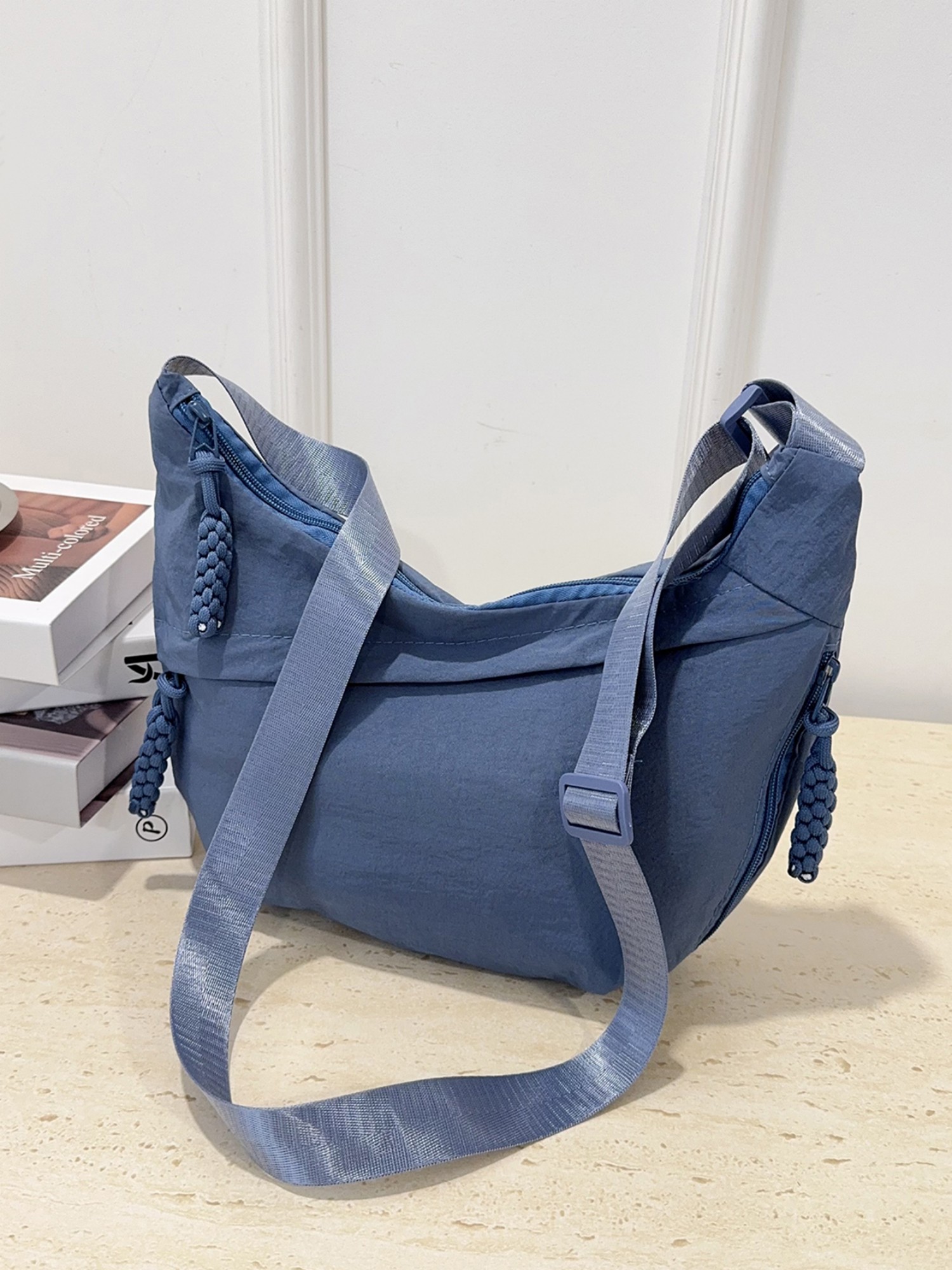 Blue Solid Shoulder Bag with Zip