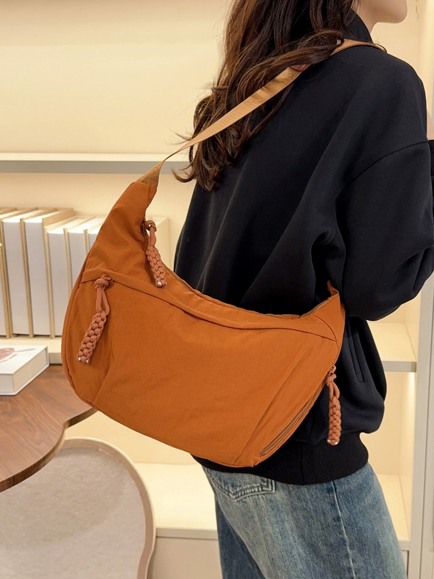 Orange Solid Shoulder Bag with Zip