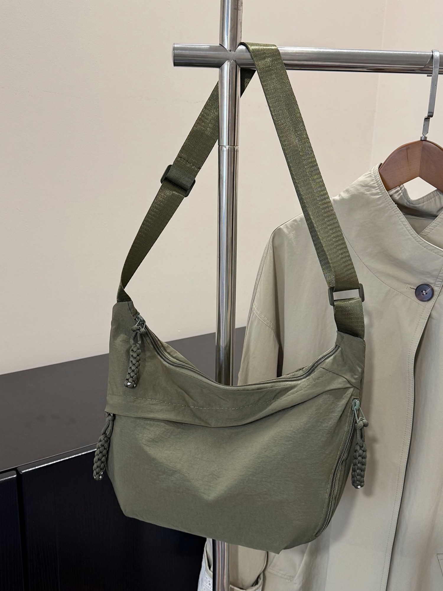 Olive Solid Shoulder Bag with Zip