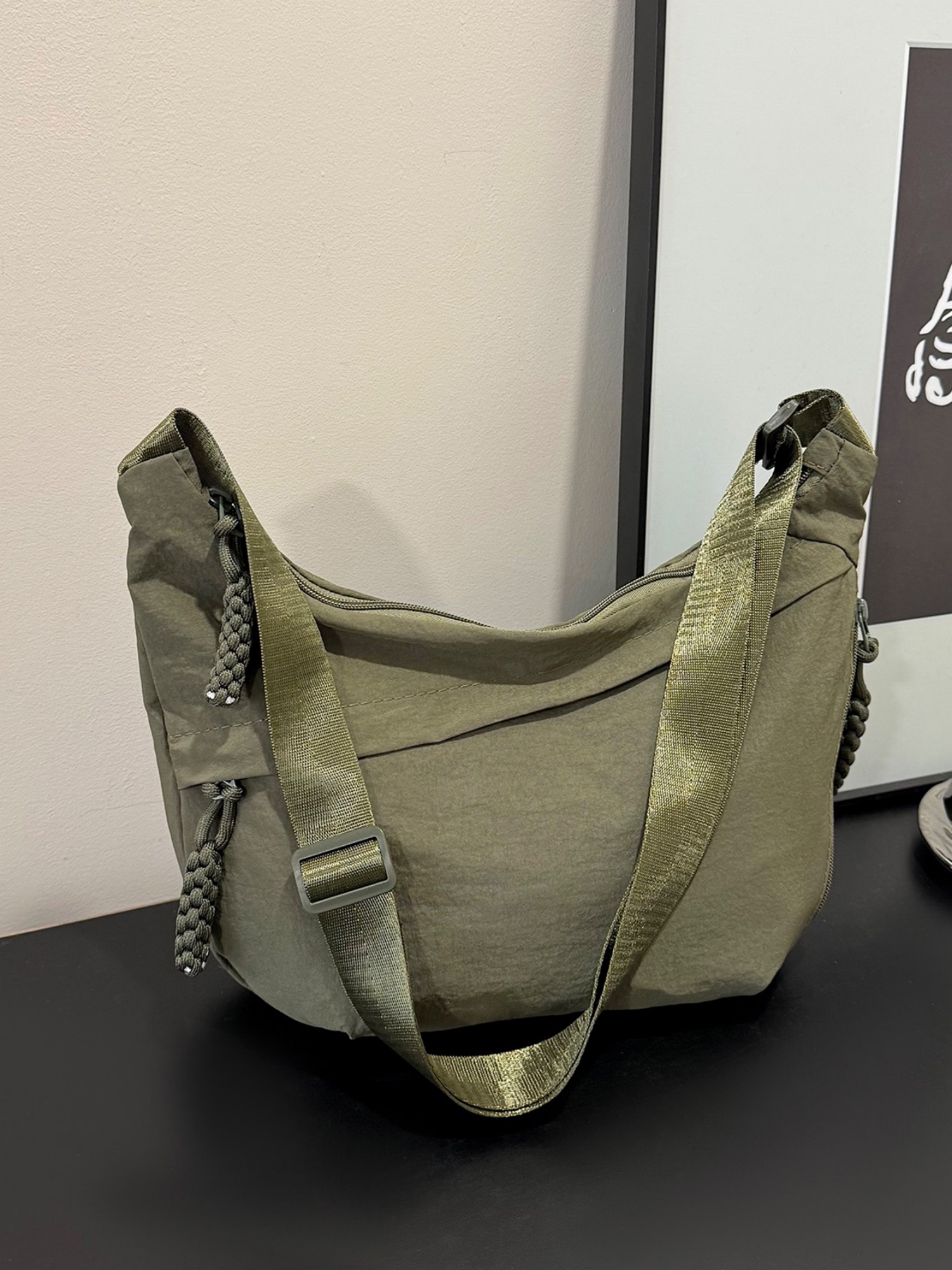 Olive Solid Shoulder Bag with Zip