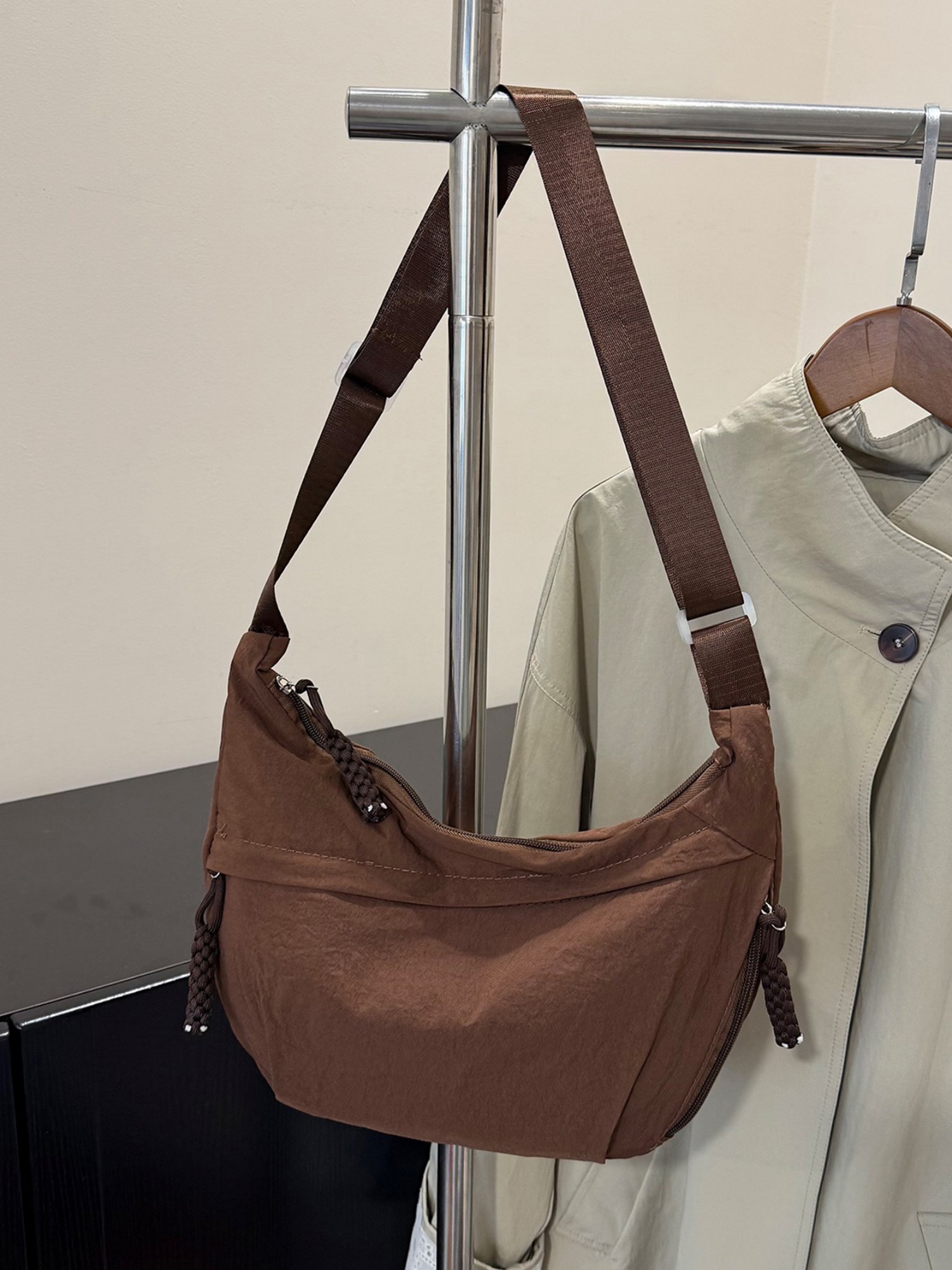 Brown Solid Shoulder Bag with Zip