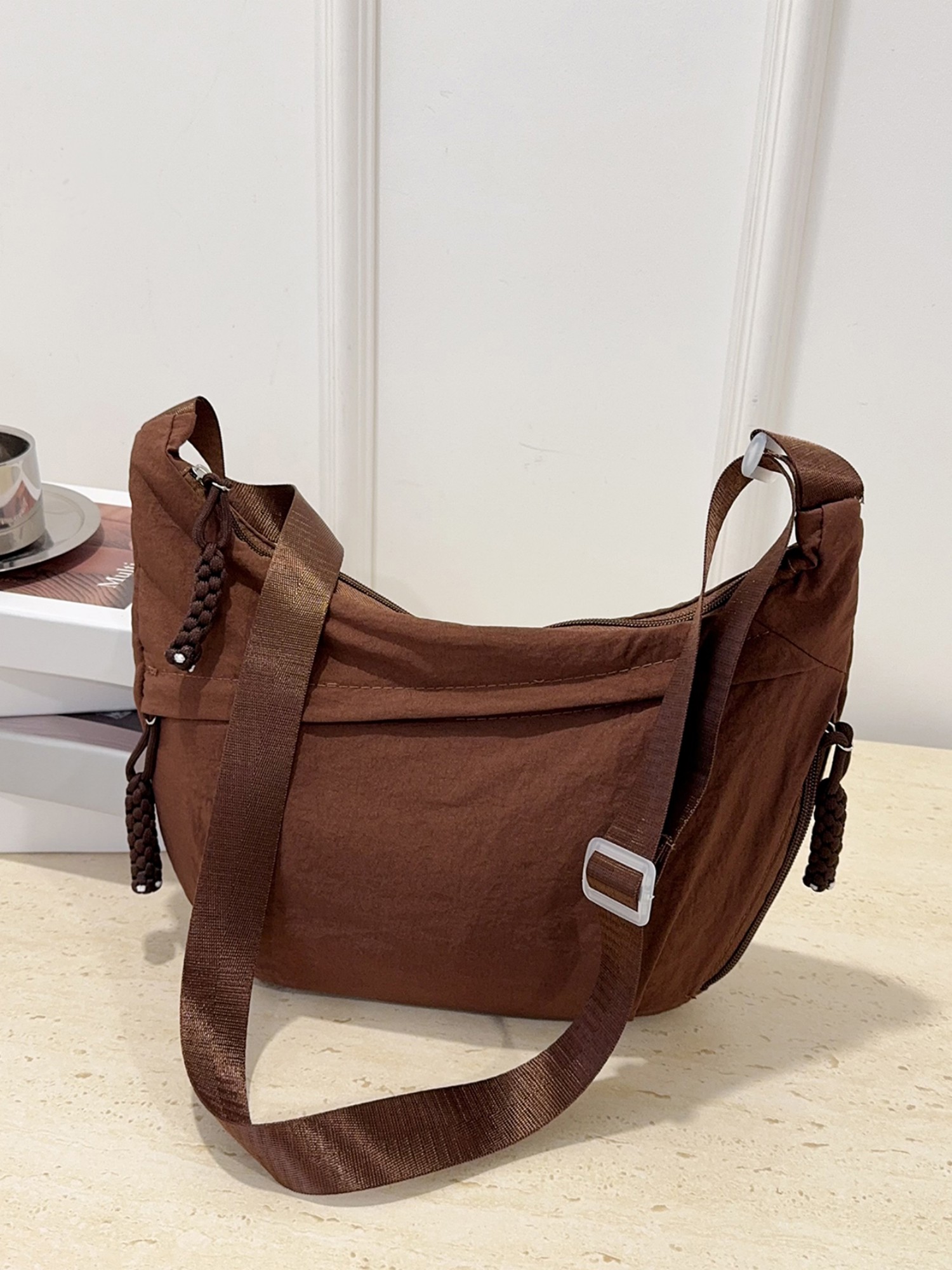 Brown Solid Shoulder Bag with Zip
