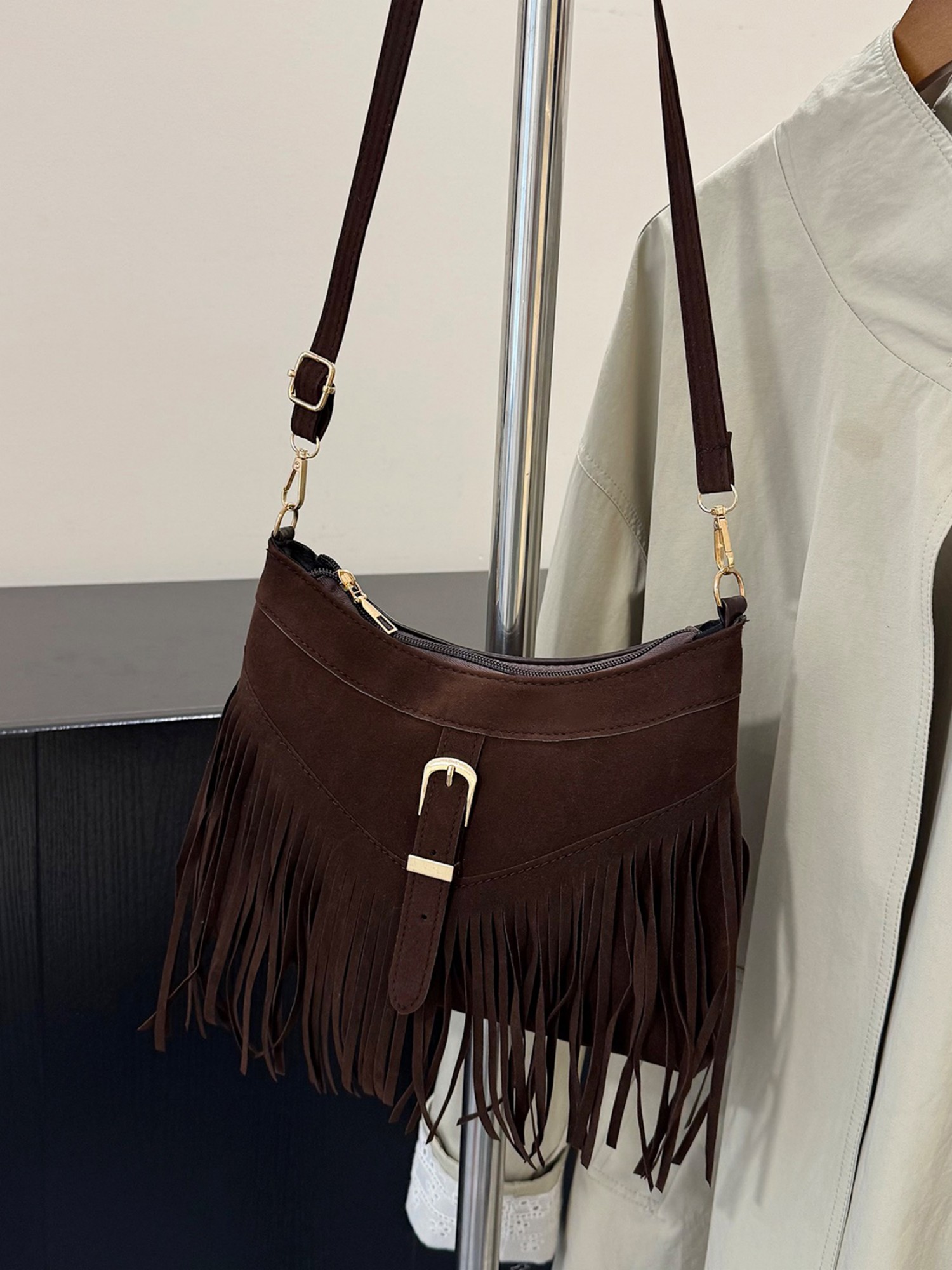 Brown Solid Shoulder Bag with Zip