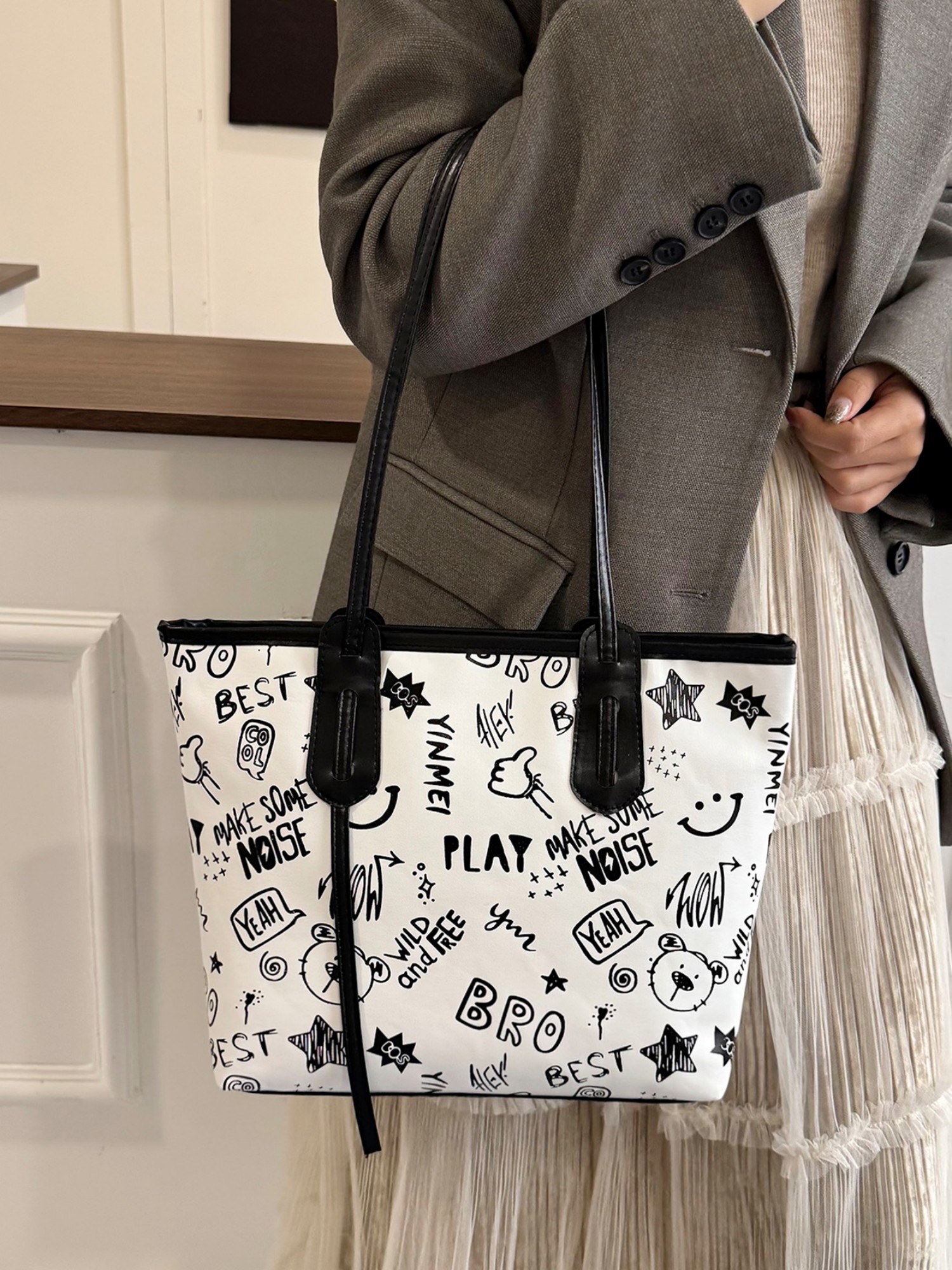 White Printed Shoulder Bag with Zip