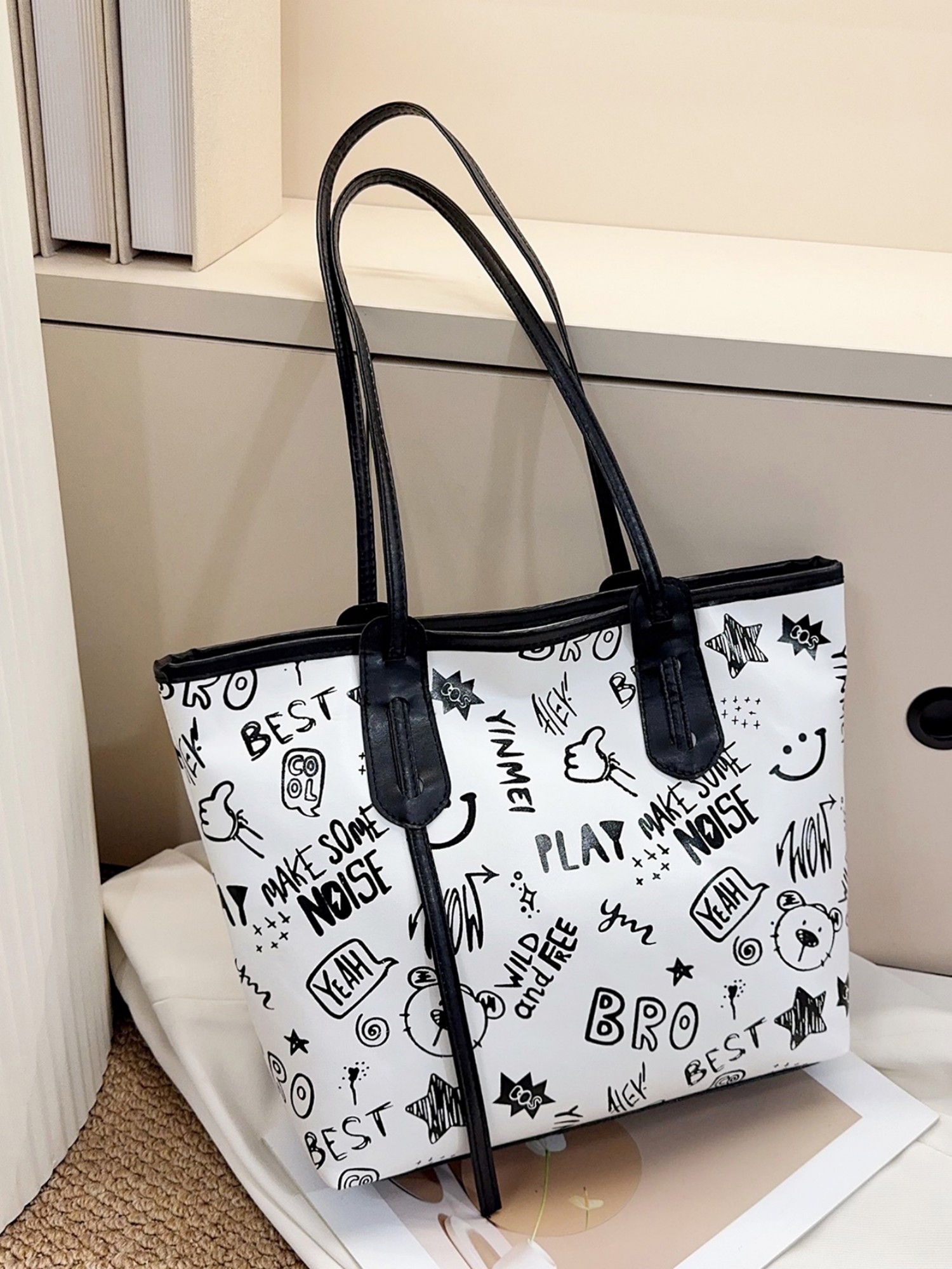 White Printed Shoulder Bag with Zip