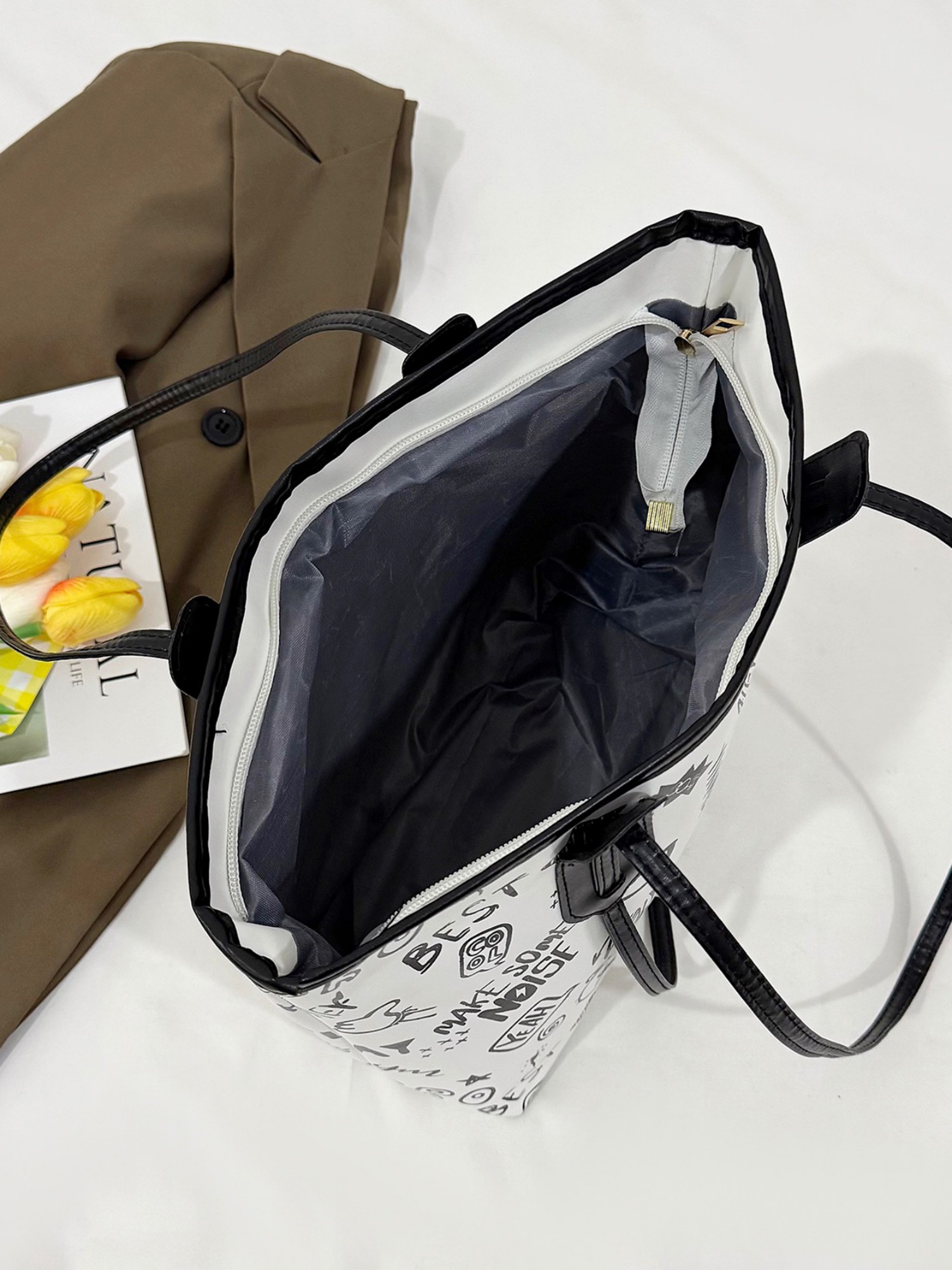 White Printed Shoulder Bag with Zip