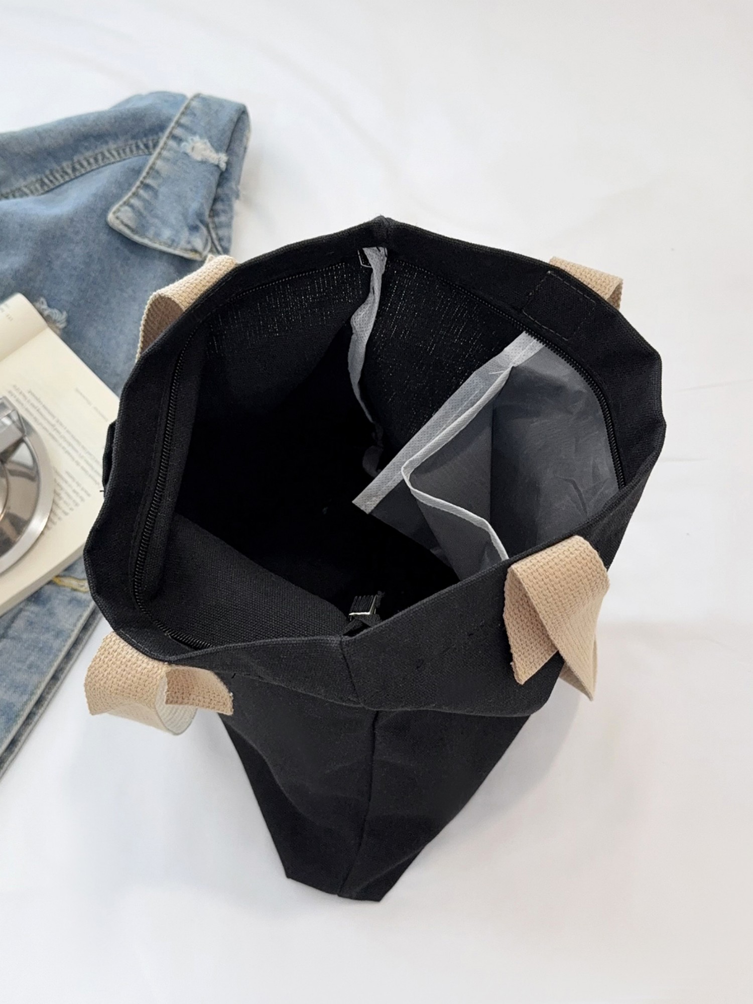 Black Solid Tote with Zip