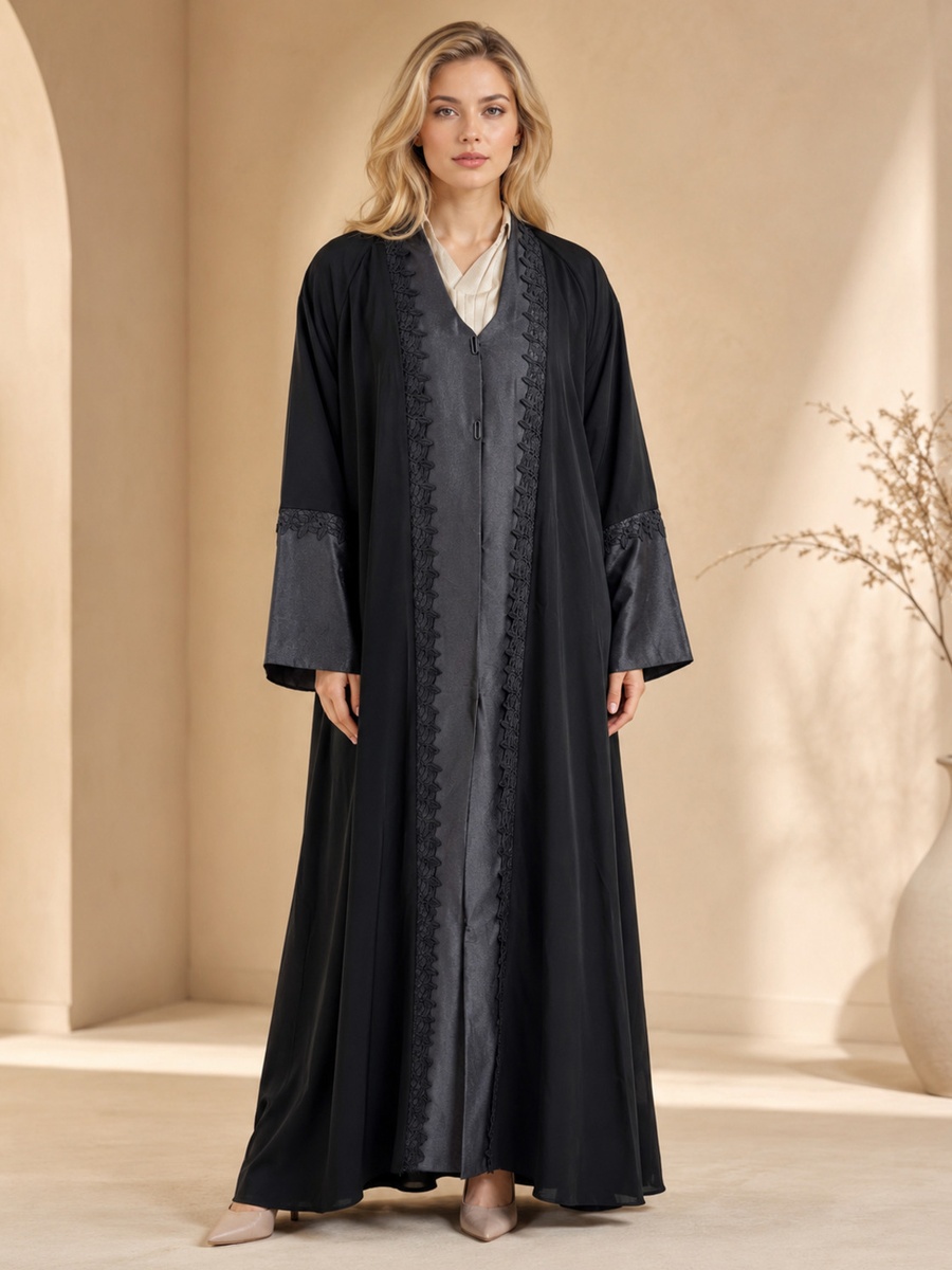Black Lace-Trim Layered Abaya