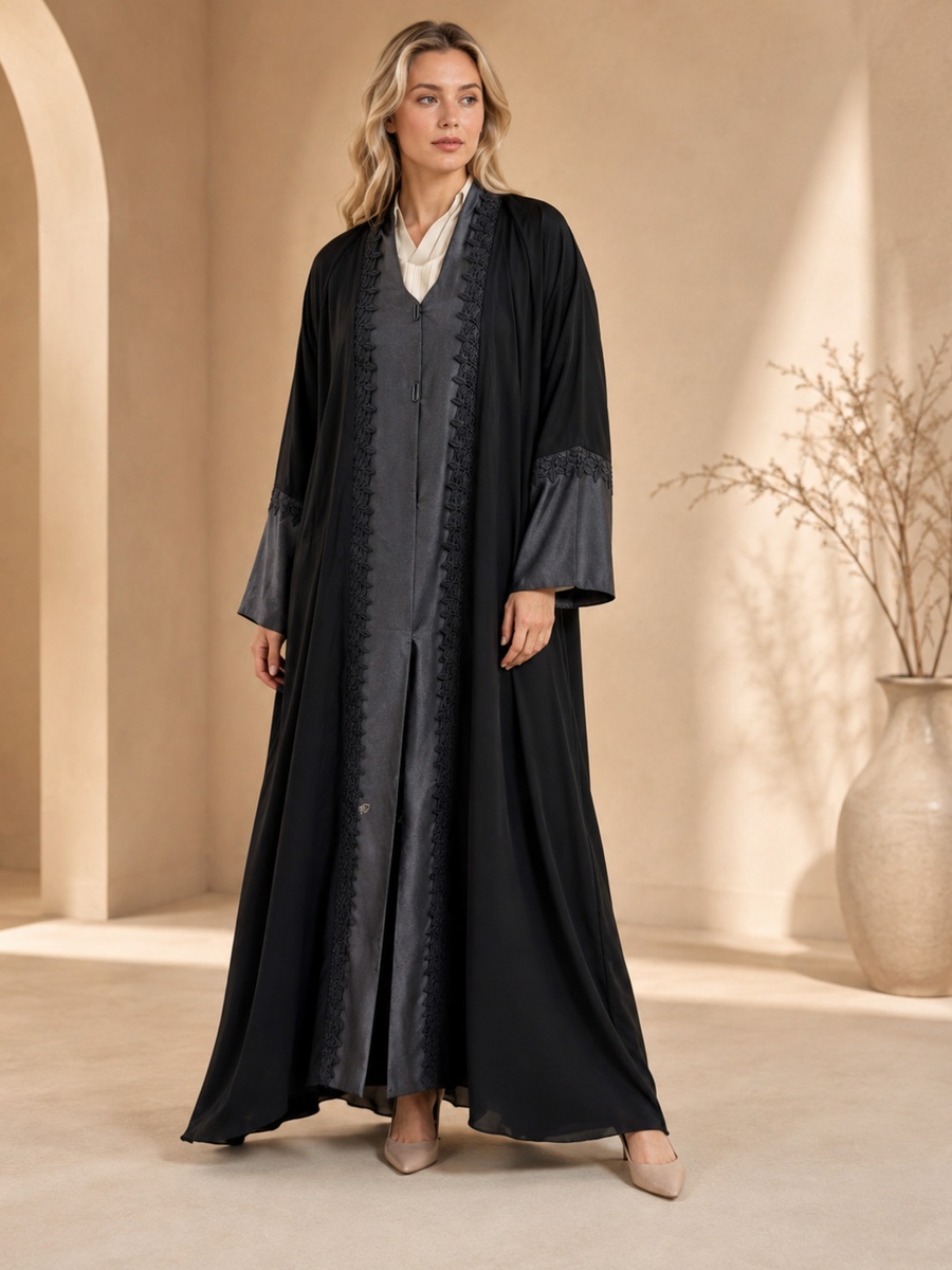 Black Lace-Trim Layered Abaya