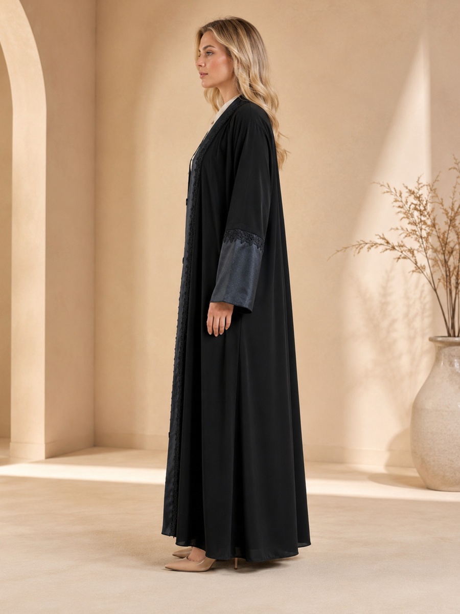 Black Lace-Trim Layered Abaya