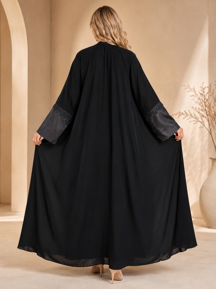Black Lace-Trim Layered Abaya