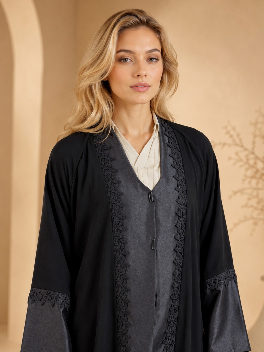 Black Lace-Trim Layered Abaya