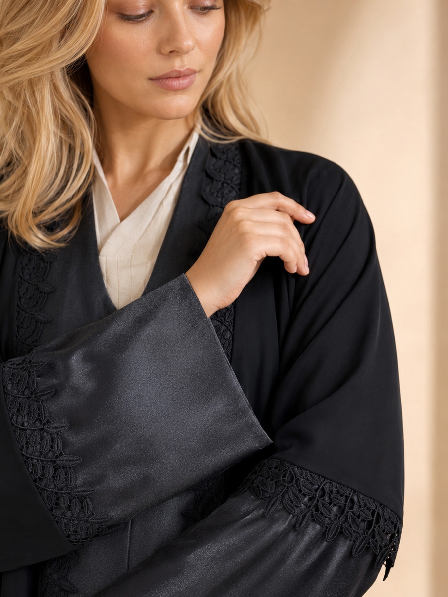 Black Lace-Trim Layered Abaya