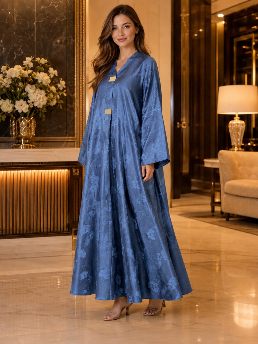 Blue Floral Jacquard Satin Full-Length Abaya