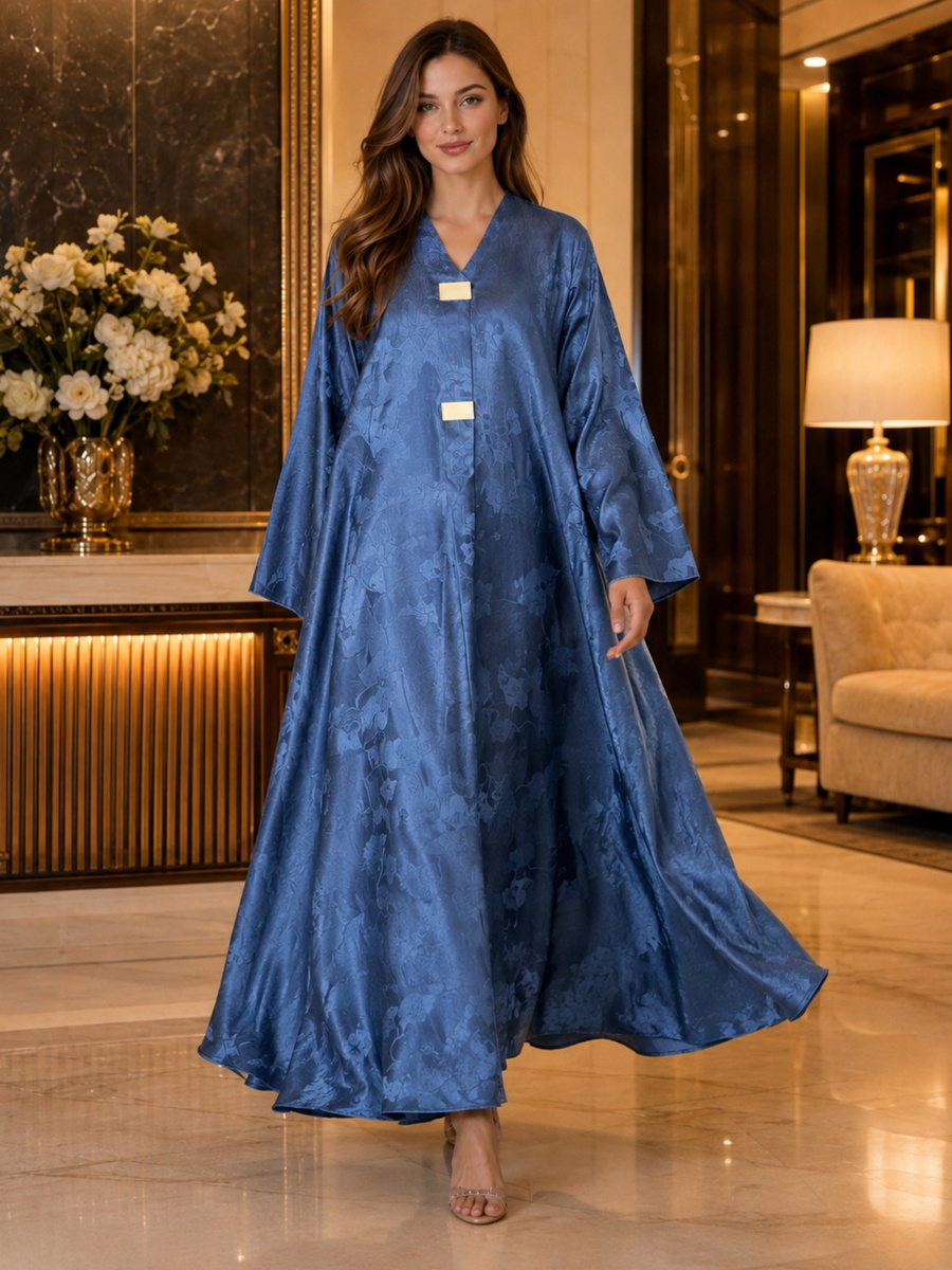 Blue Floral Jacquard Satin Full-Length Abaya