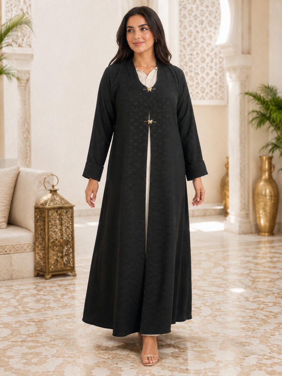 Black Textured Jacquard Abaya with Gold Floral Closure