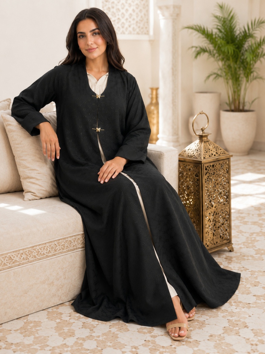 Black Textured Jacquard Abaya with Gold Floral Closure