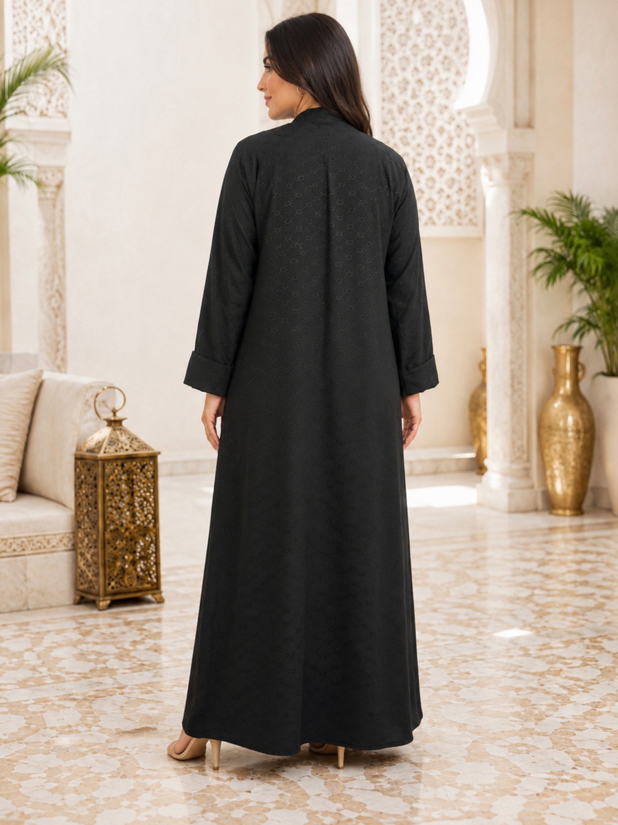 Black Textured Jacquard Abaya with Gold Floral Closure