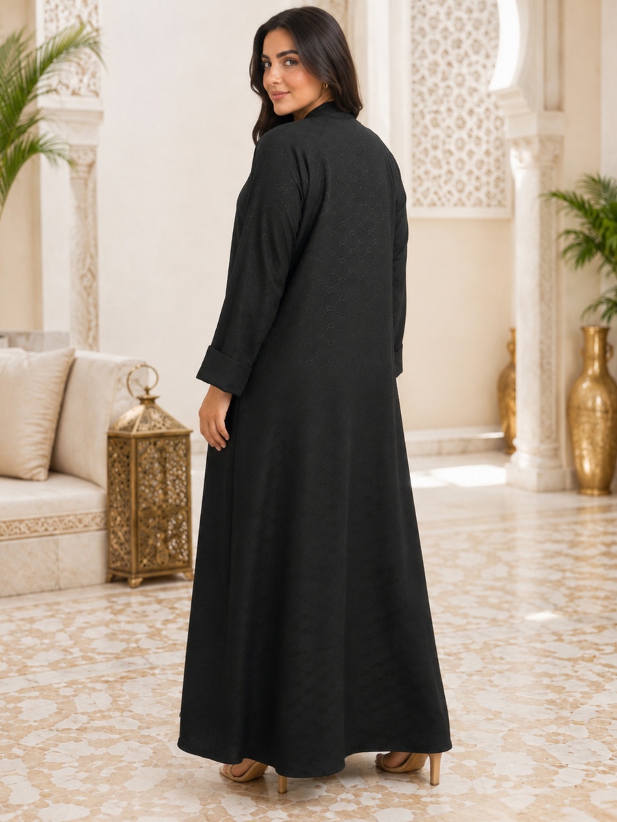 Black Textured Jacquard Abaya with Gold Floral Closure
