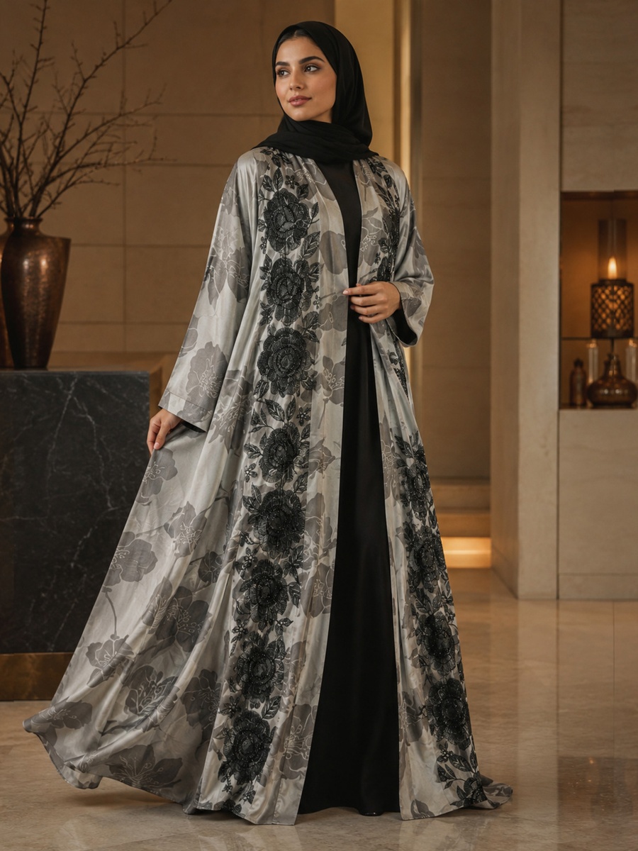 Black Jacquard Abaya with Matching Shawl