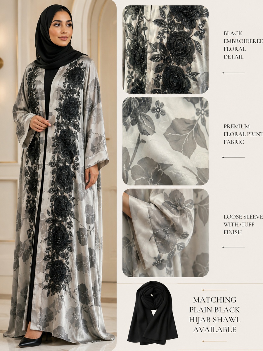 Black Jacquard Abaya with Matching Shawl