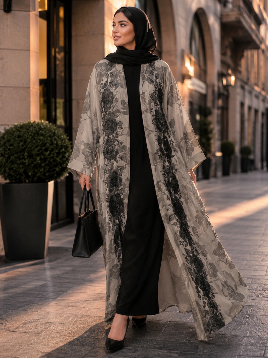 Black Jacquard Abaya with Matching Shawl