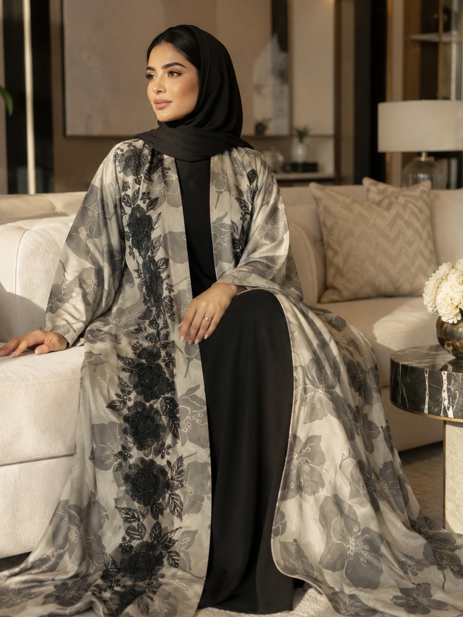 Black Jacquard Abaya with Matching Shawl