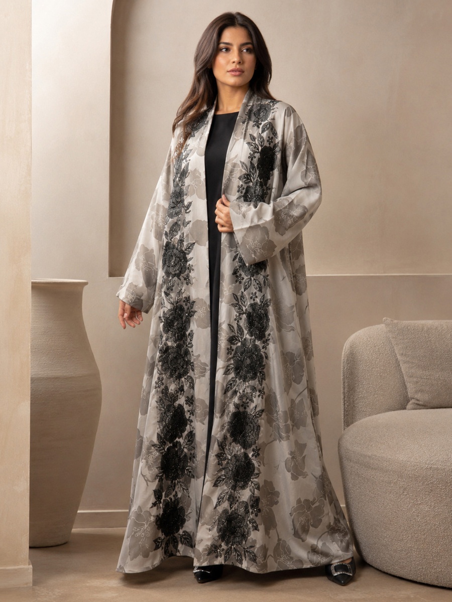 Black Jacquard Abaya with Matching Shawl