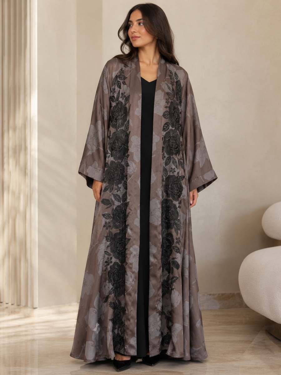 Brown Floral Embroidered Open Abaya with Matching Scarf